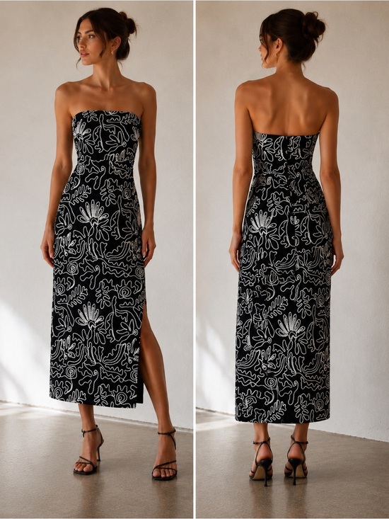 LOFT Dresses & Skirts - Loft Strapless Black White Midi Dress Embellished Soutache Embroidery Size 0 NWT